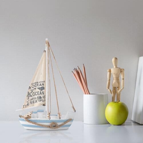 1PC Wooden Sailboat with LED Adornment Mediterranean Style Sailing Boat Model Craft Home Room Decoration (Without Battery)