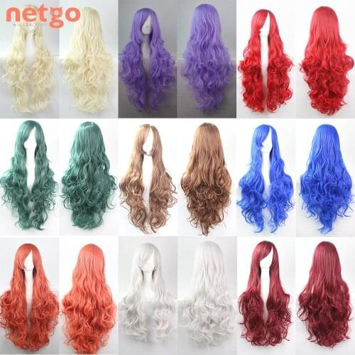 Netgo Long Wavy Synthetic Wig With Bangs Green Red Blue Purple Pink Cosplay Wigs Heat Resistant Hair For Women Party Halloween