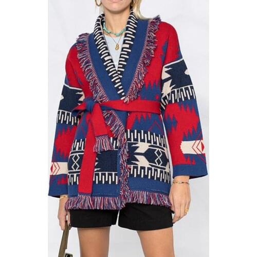 Jastie Intarsia Pattern Retro Cardi-coat Fringed V-neck Long Sleeve Cashmere Wool Sweater Cardigan Jacket Loose Thick Overcoat