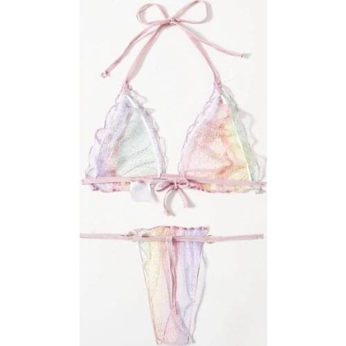 Candy Rainbow Colorful Lingerie Set with Sequins Women See Through Deep V-neck Bra and G-string 2pcs Underwear Sets