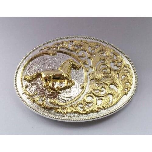 Horse Western Silver With Gold Finished Floral Flower Background Belt Buckle