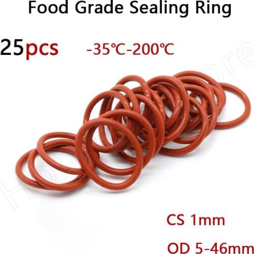 25pcs OD 5-46mm Red Silicone O-Ring Thickness(CS) 1mm Food Grade Sealing Ring -35℃-200℃ Waterproof And Insulated