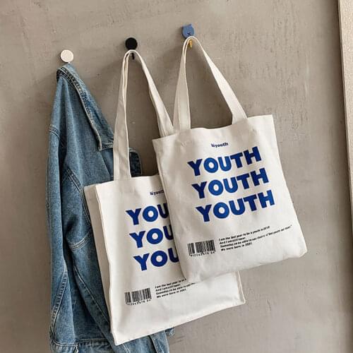 Fashion Women Canvas Shoulder Bag YOUTH Letters Print Shopping Bag Eco Shopper Bags Cloth Fabric Handbag Sundries Tote Girl Lady
