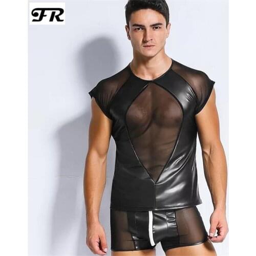 FR Mens Sexy Mesh Faux Leather Patchwork Tank Tops,Mens Vest,With Mens Underwear