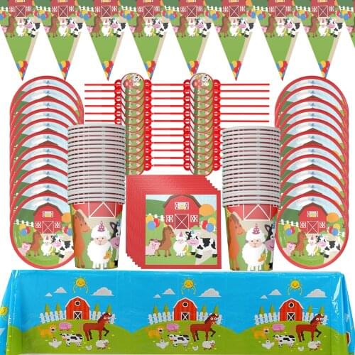 60pcs/lot Farm pasture animals theme birthday party tableware set Napkin Cups Tablecloth Flag straw Kids Favor Boys Party Decor
