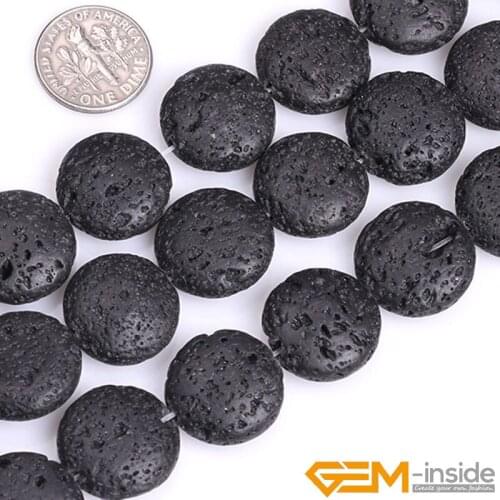 Natural Stone Black Lava Volcanic Coin Beads For Jewelry Making Strand 15 inch DIY Loose Bead For Gifts 20mm 25mm 30mm
