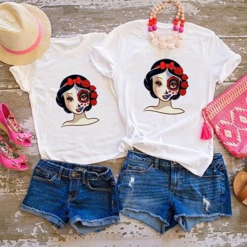 Day of the dead Style Snow White Printed Mom and Daughter Clothes Disney Princess Fashion Family Clothing Sets Kids Tee Shirt