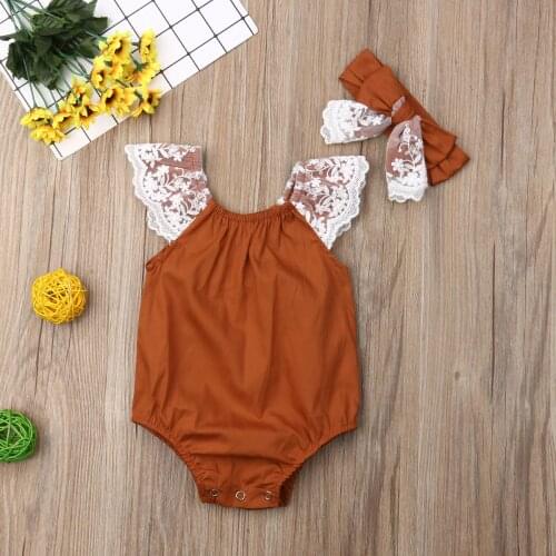 Pudcoco Newborn Baby Girl Clothes Solid Color Sleeveless Lace Ruffle Romper Jumpsuit Headband 2Pcs Outfits Cotton Clothes