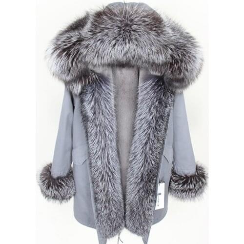 Real Fur Coat Winter Women Coat Long Silver Fox Fur Collar Hooded Ladies Parka Womens Casual Jacket Overcoat Outerwear
