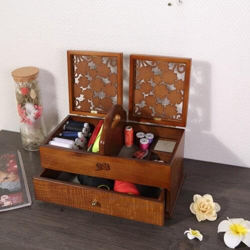 Carved Wooden Sewing Basket w/ Compartment Expanding Box Storage for Sewing Tool