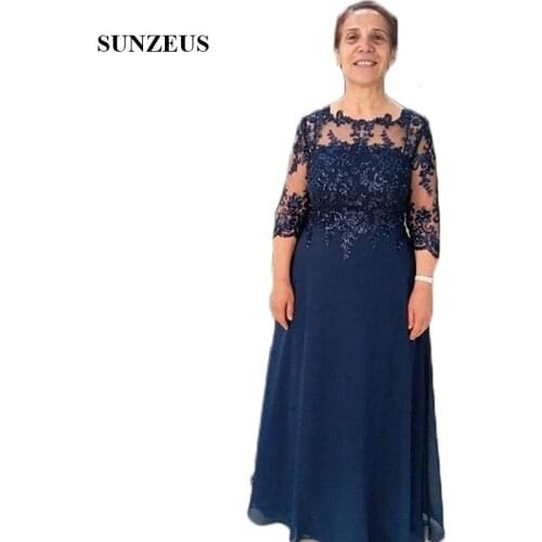 Navy Blue Chiffon Mother of the Bride Dress Plus Size Three Quarter Sleeve A-Line Groom Mother Gowns Wedding Party Dresses SMD72