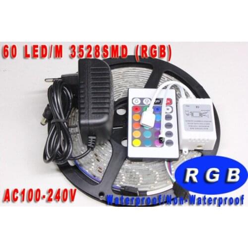 3528 5m RGB LED strip Light Waterproof Non-waterproof flexible lighting 300leds 60leds/m +24keys Control +12V 2A Power Supply
