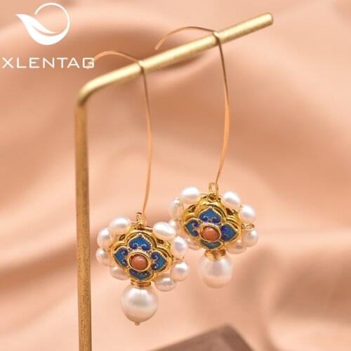XlenAg New Arrival Long Ear Hook Earrings Natural Freshwater Pearl Making Cloisonne Style Earrings Women Gift Jewelry GE0979