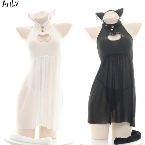 AniLV Lolita Girl Cute Cat Maid Dress Pajamas Uniform Costume Cat Tail Paw Swimsuit Pool Party Cosplay Clothes