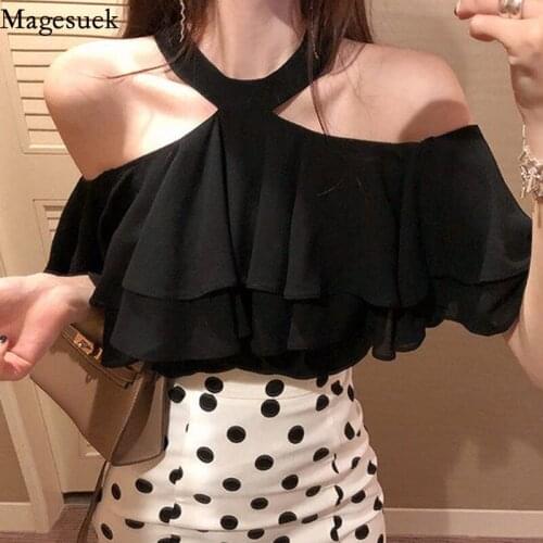 Sexy Off Shoulder Halter Ruffles Woman Blouses Korean Fashion Short Sleeve Summer Tops Solid Loose Chiffon Shirts Woman 14076