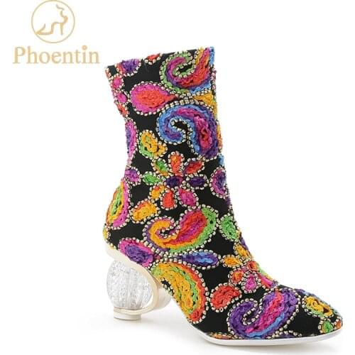 Phoentin woman boots 2020 new retro colorful crystal heels 6.5cm zip fretwork fashion female mid calf shoes plus size 44 FT757