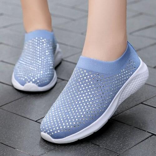 2021 Fashion New Ladies White Comfortable Sneakers Shiny Vulcanized Shoes Ladies Sneakers Summer Slip-on Socks Flat Shoes