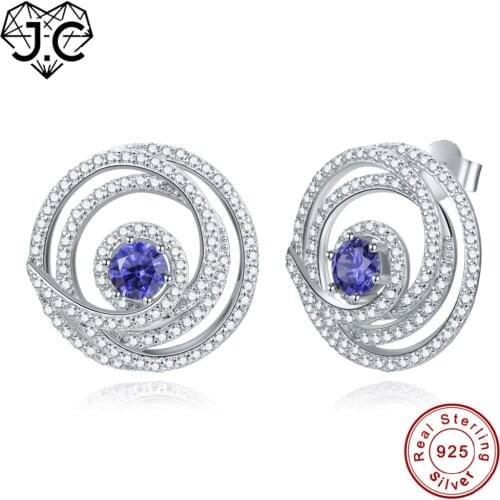 J.C For Female Round Tanzanite & Garnet White Topaz Delicate Earrings Real 100% Solid 925 Sterling Silver Earrings Fine Jewelry