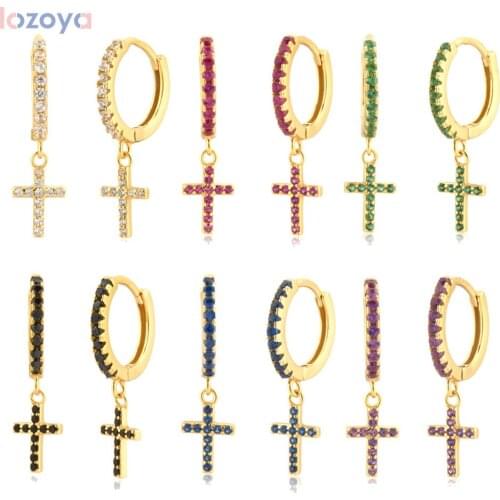 LOZOYA 100% 925 Sterling Tiny Fashion Clips 8.5mm Silver Rainbow Cross Charm Pendiente Rainbow Drop Earring Women Piercing