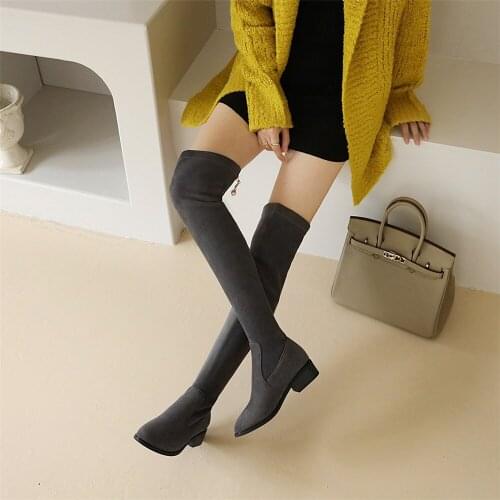 2020 Ladies Shoes Square Low Heel Women Over The Knee Boots Suede Round Toe Sexy Female long Boots Party shoes Botas mujer 33-41