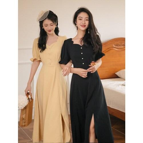French Retro Hepburn Style Puff Sleeve Dresses 2021 New Summer Square Collar Chic Sexy Split Maxi Dress
