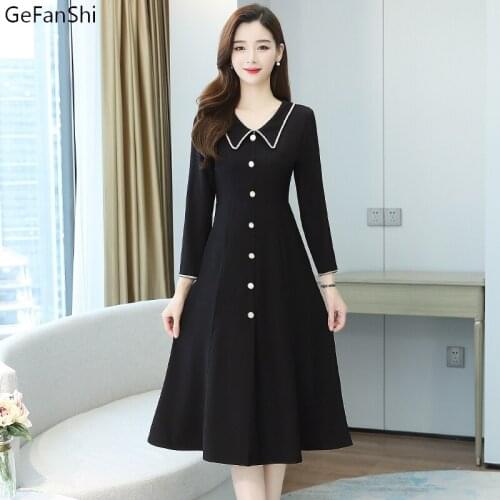 2021 New Women Summer Autumn Korean Black Turn-down Collar Long Sleeve Dress Fashion Slim Elegant Ladies Midi Dresses Girls