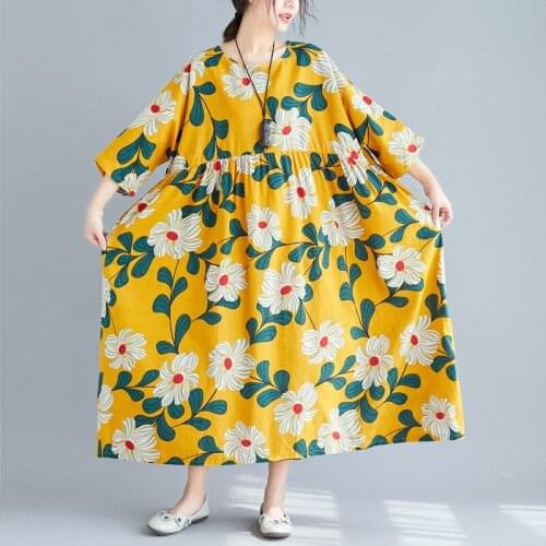 Womens Plus Size Cotton Linen Dresses Summer Casual Floral Print Maxi Dress Loose Long Dress Vestidos De Mujer Kaftan Robe