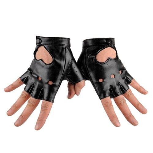 1 Pair Black Women Fashion PU Leather Half Finger Gloves Autumn Winter Solid Cool Heart Hollow Fingerless Gloves