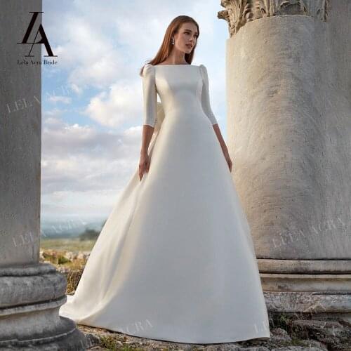 LelaAcra Satin Wedding Dress 2022 three quarter sleeve Backless bow A-Line Princess Plus Size Bride Gowns NE05 Vestido de Noiva