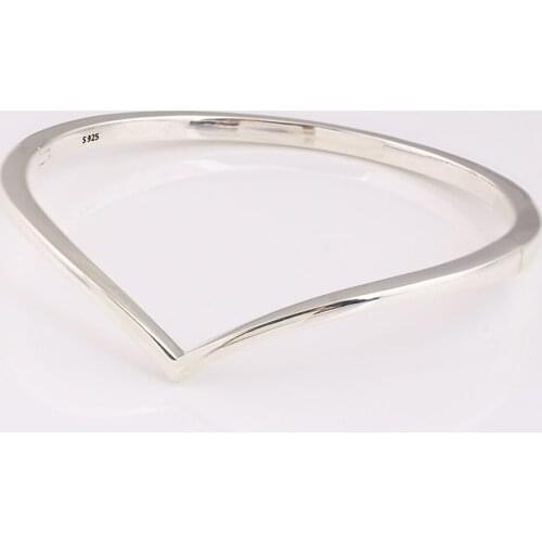 Authentic S925 Sterling Silver Smooth Shining Wish Bangle Bracelet For Women fit Lady Bead Charm DIY Jewelry