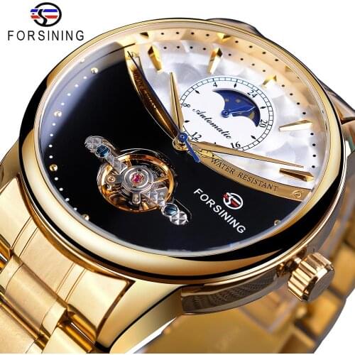 Forsining Men Watch Automatic Golden Sun Moon Phase Steel Band Tourbillon Black White Face Business Mechanical Reloj Hombre 2019