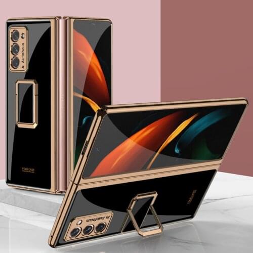 For Samsung Galaxy Z Fold 2 5G Case Plating Finger Ring Bracket Hard Glass Protective Cover for Galaxy Z Fold2 5G