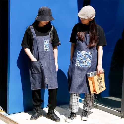 Kitchen Apron Denim Fashion Strap Thickened Coffee Shop Overalls Japanese Style Izakaya Bar Halterneck Smock Pinafore