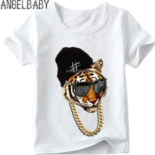 Animal Print The King Tiger Head Tough Guy Children T shirt Boys and Girls Summer Tops Kid Soft White T-shirt,ooo477
