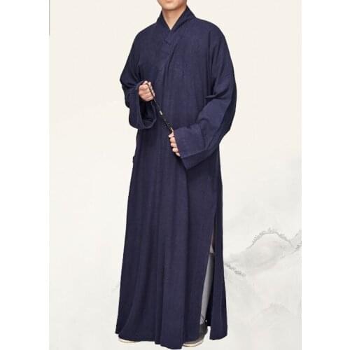 UNISEX linen&cotton blue buddhist robe buddhism shaolin monk uniforms abbot nun kung fu gown suits zen lay meditation clothing