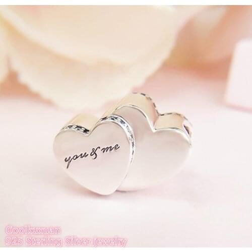 Valentines Day Original 925 Sterling Silver Two Hearts Charm, Clear CZ Heart Beads Fit Pandora Charms Bracelet Diy Jewelry
