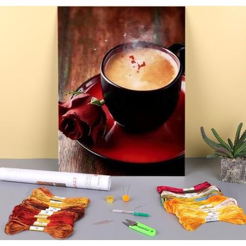 Coffee Cup Flowers Kitchen Printed Canvas 11CT Cross Stitch Full Kit DIY Embroidery DMC Threads Craft Sewing Painting Design