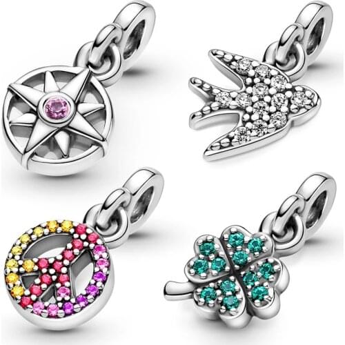 Me Collection Silver 925 jewelry My Four-leaf Clover Swallow Compass Peace Dangle charms fit Me Style Thin Chain Bracelets DIY