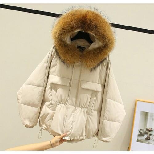 Ailegogo Winter Women 90% White Duck Down Coat Large Real Raccoon Fur Hooded Jacket New Irregular Loose Warm Snow Short Outwear