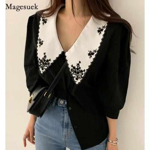Fashion Puff Half Sleeve Floral Embroidery Blouse Women 2021 Korean Elegant White Shirts Vintage Summer Tops Blusas Mujer 14223