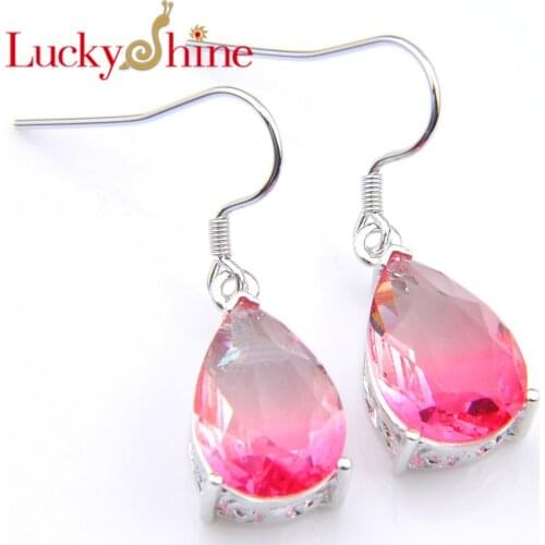 New Luckyshine Lovely Waterdrop Gradient Pink Tourmaline Crystal Zirconia Silver Engagement Drop Earrings For Women Jewelr