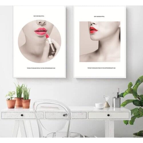 Posters and Prints Beauty Begins Red Lips Quote Canvas Painting Wall Art Print Lipstick Pictures Decoration Fashion Home Décor