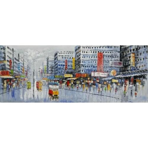 Hand Painted Oil Painting on Canvas Abstract Hong Kong Trams Street Canvas Painting Wall Art Picture Paiting for Home Decoration