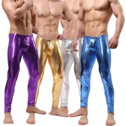 YUFEIDA Sexy Mens Long Underwear Tight Pants Trousers Casual Long Johns PU Leather Stretch Sexy Costume Slim Party Clubwear