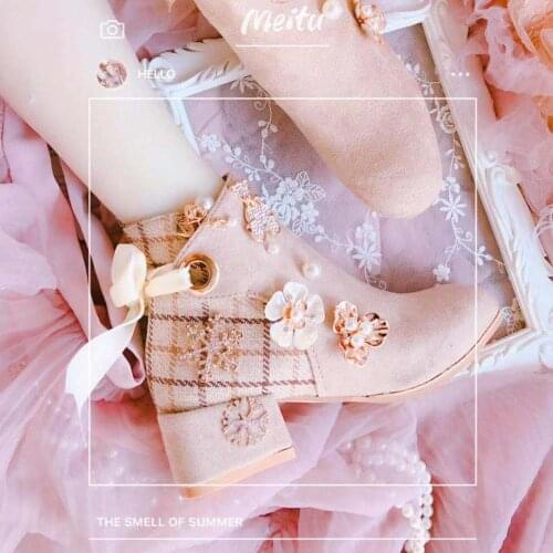 Three-dimensional flower mosaic lattice ribbon cute lolita girl Platform Short Boots Korean Harajuku Style cos Lolita loli Shoes