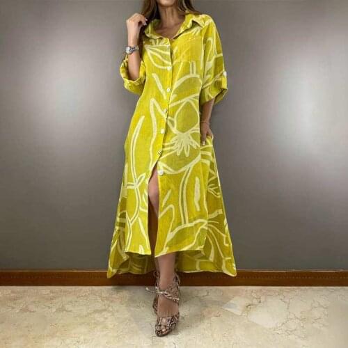 Spring Women Dress 2021 VONDA Casual Loose Long Sleeve Lapel Party Shirt Vestidos Holiday Vintage Printed Long Dress Femme Robe