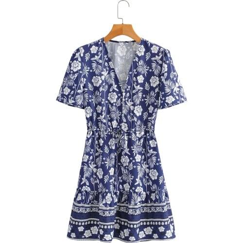 Women Bohemian Vintage Floral Za Dress Short Sleeve V Neck Sashes Mini Dresses Female Elegant Mujer Vestidos