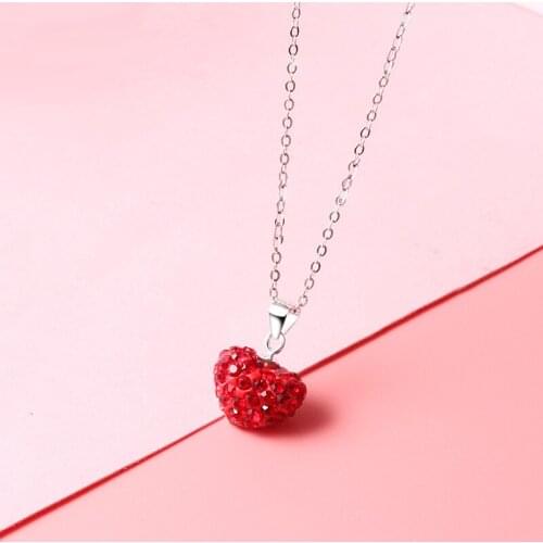 925 Sterling Silver Necklace Pendant Red Crystal Heart Necklace For Women Pure Silver Jewelry Size 8mm 12mm