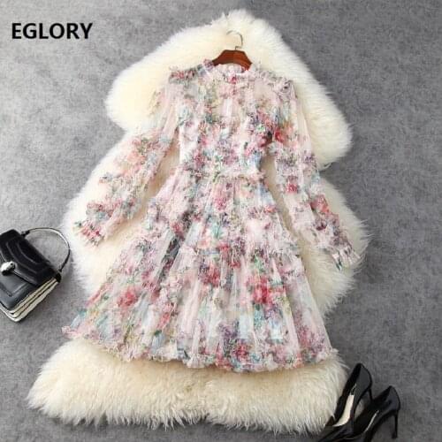 Top Quality Womens Dress 2021 Spring Summer Clothes Ladies Bohemian Print Ruffle Floral Deco Long Sleeve Sexy Tulle Mesh Dress