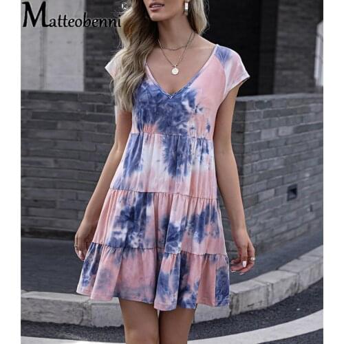 2021 Summer New European Tie-dye Printing Gradient Color Loose Short-Sleeved Dress Women Fashion A-Line Ruffle Stitching Dress